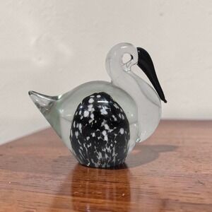 Art Glass Pelican Paperweight 6" Black White Belly, Desk Decor, Office Decor